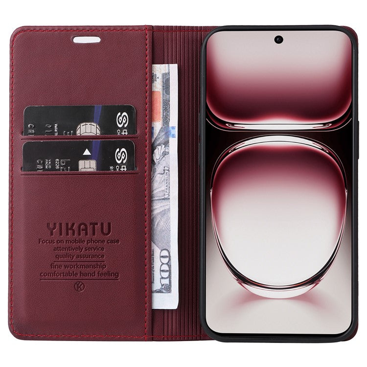YIKATU YK-001 For Oppo Reno12 5G (Global) Case Wallet Leather Phone Cover Folio Strong Magnetic Closure - Wine Red