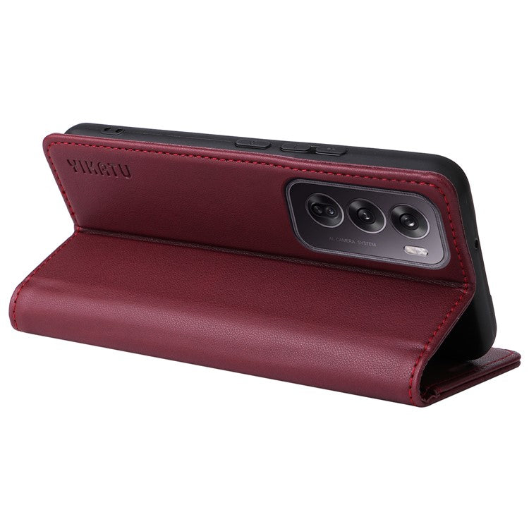 YIKATU YK-001 For Oppo Reno12 5G (Global) Case Wallet Leather Phone Cover Folio Strong Magnetic Closure - Wine Red