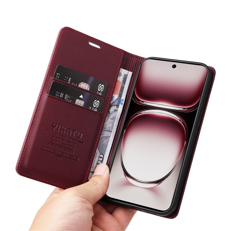 YIKATU YK-001 For Oppo Reno12 5G (Global) Case Wallet Leather Phone Cover Folio Strong Magnetic Closure - Wine Red