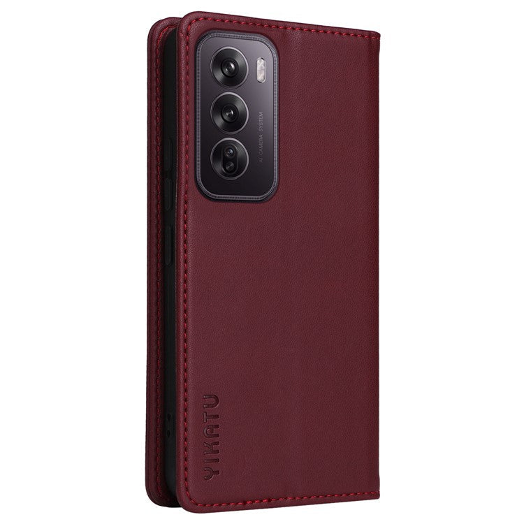 YIKATU YK-001 For Oppo Reno12 5G (Global) Case Wallet Leather Phone Cover Folio Strong Magnetic Closure - Wine Red