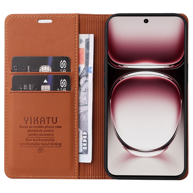 YIKATU YK-001 For Oppo Reno12 5G (Global) Case Wallet Leather Phone Cover Folio Strong Magnetic Closure - Brown