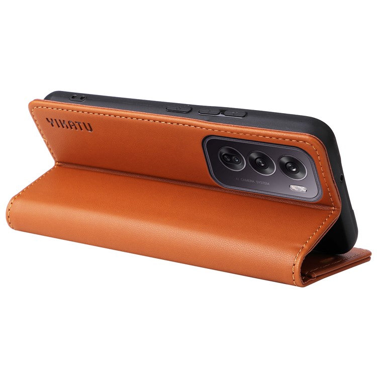 YIKATU YK-001 For Oppo Reno12 5G (Global) Case Wallet Leather Phone Cover Folio Strong Magnetic Closure - Brown