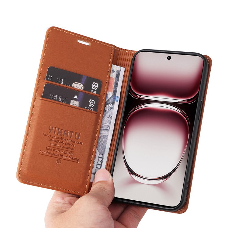 YIKATU YK-001 For Oppo Reno12 5G (Global) Case Wallet Leather Phone Cover Folio Strong Magnetic Closure - Brown