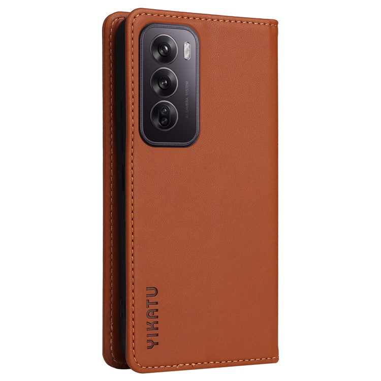 YIKATU YK-001 For Oppo Reno12 5G (Global) Case Wallet Leather Phone Cover Folio Strong Magnetic Closure - Brown