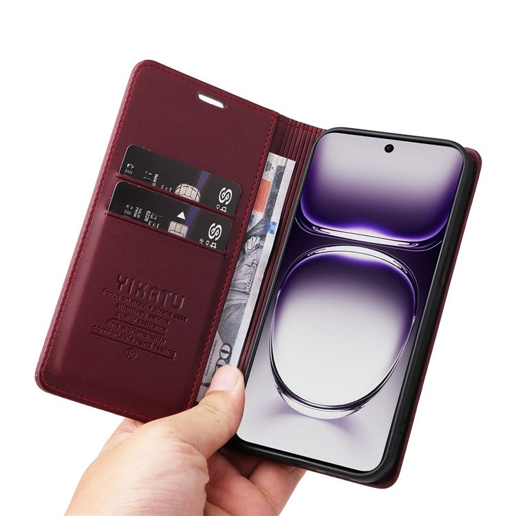 YIKATU YK-001 For Oppo Reno12 Pro 5G (China) / (Global) Case Leather Magnetic Auto-absorbed Phone Cover - Wine Red