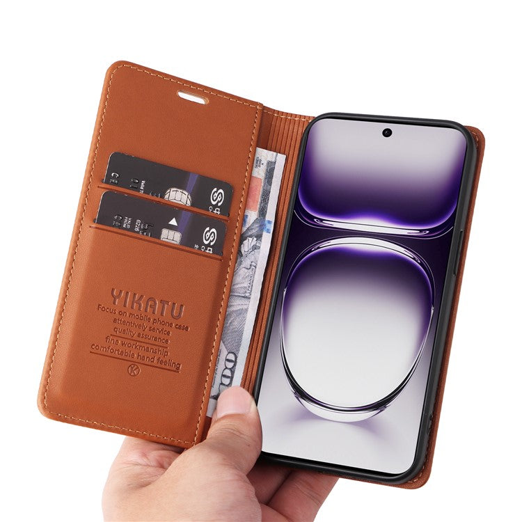 YIKATU YK-001 For Oppo Reno12 Pro 5G (China) / (Global) Case Leather Magnetic Auto-absorbed Phone Cover - Brown