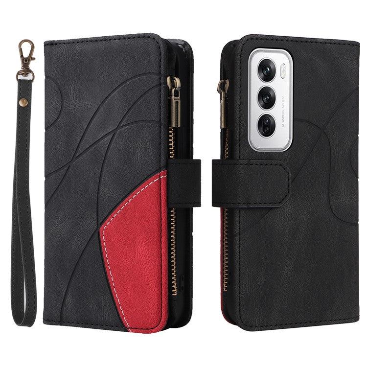 KT Multi-Function Series-5 For Oppo Reno12 5G (Global) PU Leather Dual Color Splicing Cell Phone Case - Black