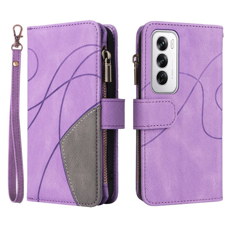 KT Multi-Function Series-5 For Oppo Reno12 5G (Global) PU Leather Dual Color Splicing Cell Phone Case - Light Purple