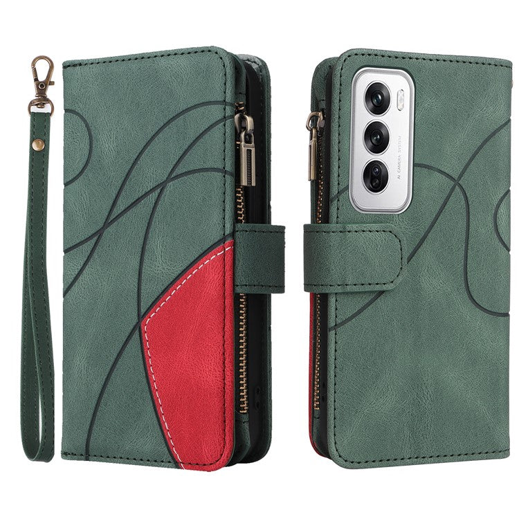 KT Multi-Function Series-5 For Oppo Reno12 5G (Global) PU Leather Dual Color Splicing Cell Phone Case - Green