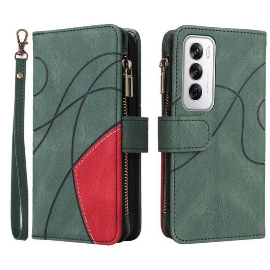 KT Multi-Function Series-5 For Oppo Reno12 5G (Global) PU Leather Dual Color Splicing Cell Phone Case - Green
