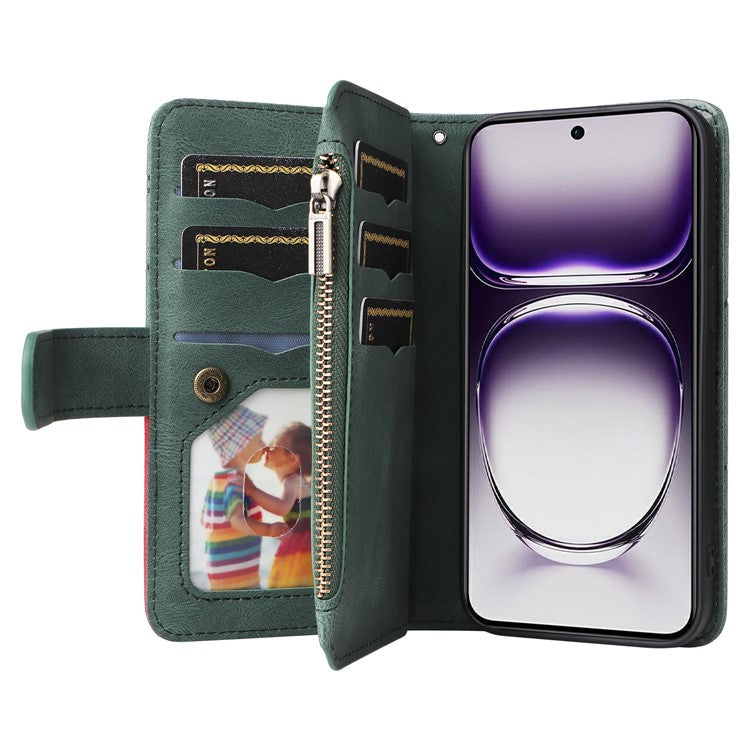 KT Multi-Function Series-5 For Oppo Reno12 5G (Global) PU Leather Dual Color Splicing Cell Phone Case - Green