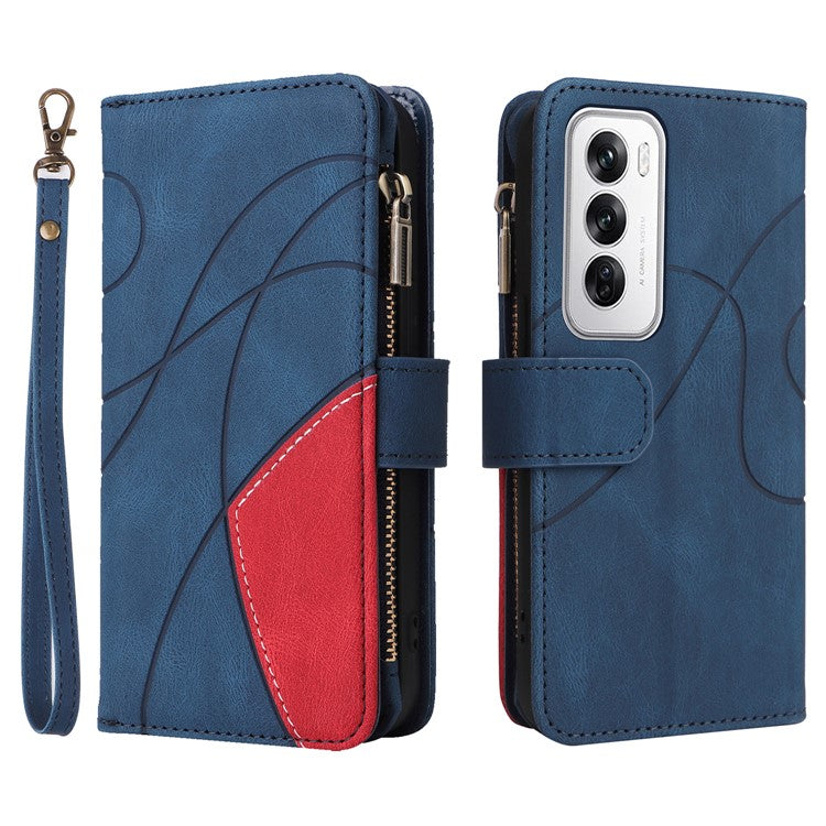 KT Multi-Function Series-5 For Oppo Reno12 5G (Global) PU Leather Dual Color Splicing Cell Phone Case - Blue