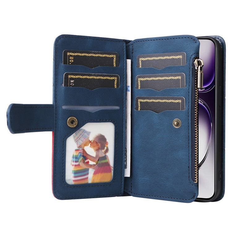 KT Multi-Function Series-5 For Oppo Reno12 5G (Global) PU Leather Dual Color Splicing Cell Phone Case - Blue