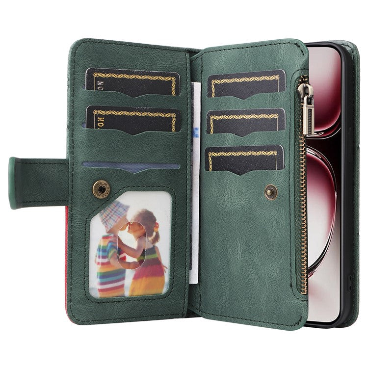 KT Multi-Function Series-5 For Oppo Reno12 Pro 5G (Global) / Reno12 Pro 5G (China) PU Leather Dual Color Splicing Cell Phone Case - Green