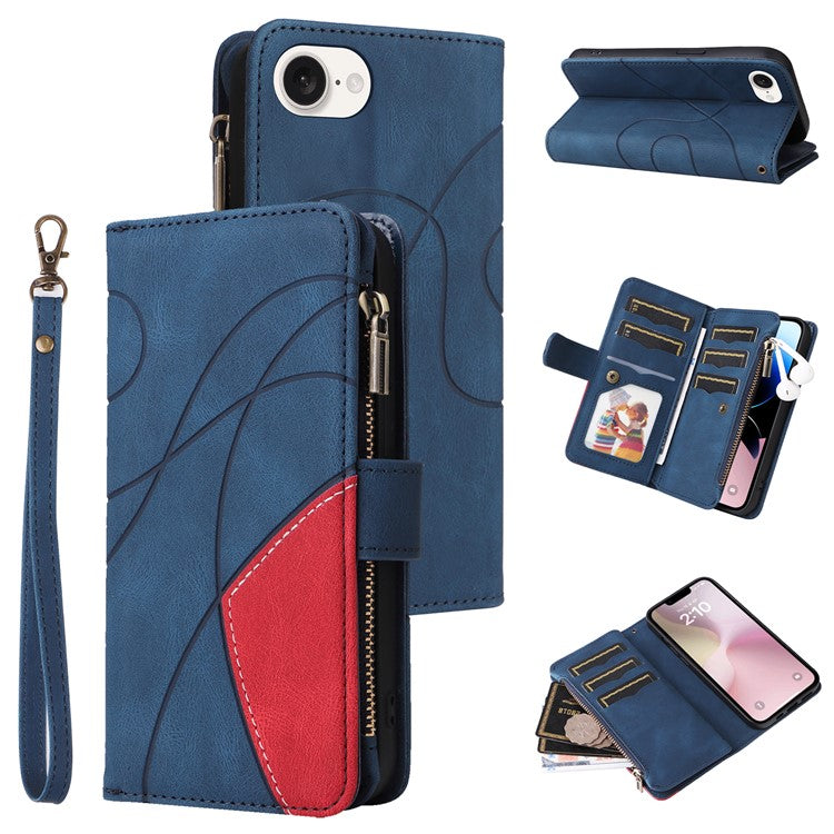 For iPhone 16e Cover Anti-Scratch PU Leather Dual Color Splicing Cell Phone Case - Blue