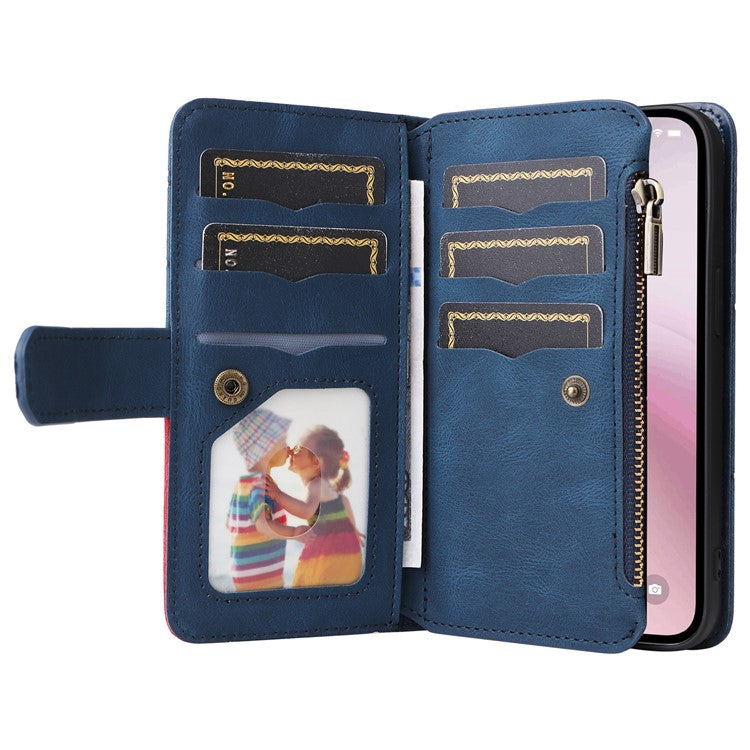 For iPhone 16e Cover Anti-Scratch PU Leather Dual Color Splicing Cell Phone Case - Blue