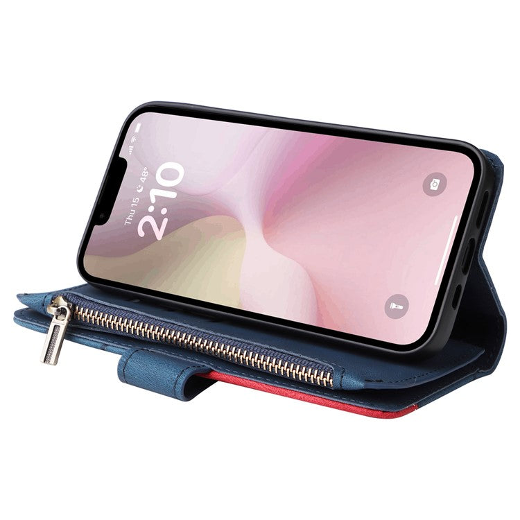 For iPhone 16e Cover Anti-Scratch PU Leather Dual Color Splicing Cell Phone Case - Blue