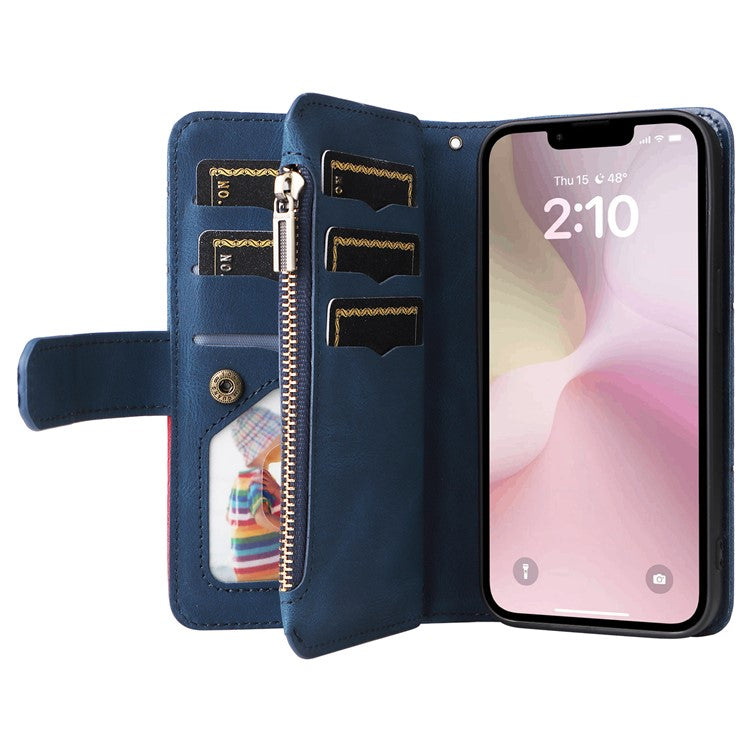 For iPhone 16e Cover Anti-Scratch PU Leather Dual Color Splicing Cell Phone Case - Blue