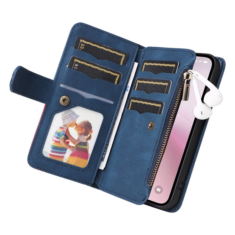 For iPhone 16e Cover Anti-Scratch PU Leather Dual Color Splicing Cell Phone Case - Blue