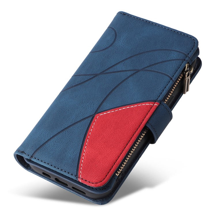 For iPhone 16e Cover Anti-Scratch PU Leather Dual Color Splicing Cell Phone Case - Blue