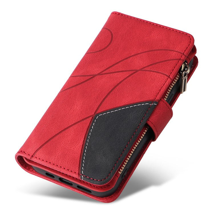 For iPhone 16e Cover Anti-Scratch PU Leather Dual Color Splicing Cell Phone Case - Red