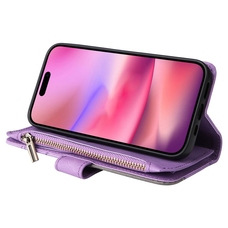 KT Multi-Function Series-5 For iPhone 16 Cover PU Leather Dual Color Splicing Wallet Cell Phone Case - Light Purple