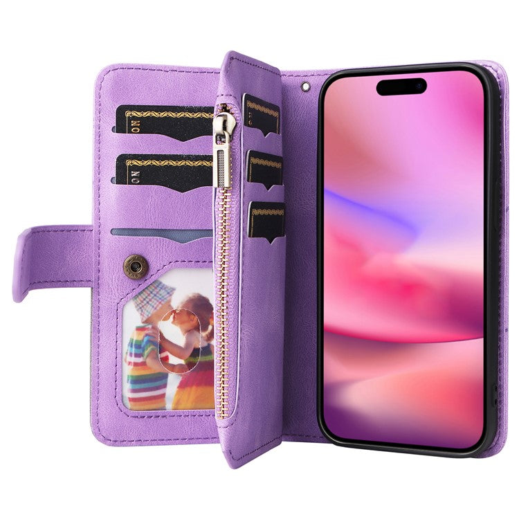 KT Multi-Function Series-5 For iPhone 16 Cover PU Leather Dual Color Splicing Wallet Cell Phone Case - Light Purple