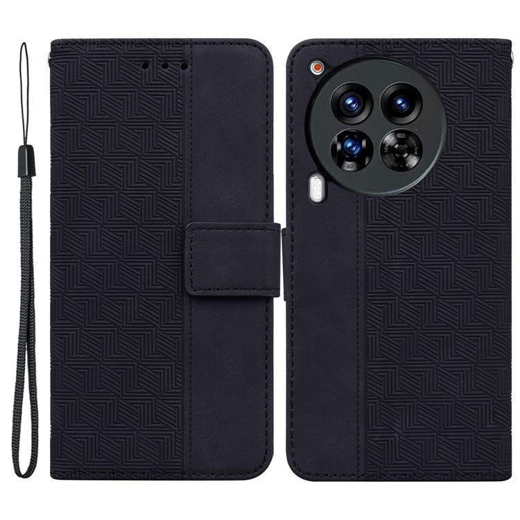 For TECNO Camon 30 Premier 5G Wallet Case Geometry Imprint Leather Phone Cover with Strap - Black