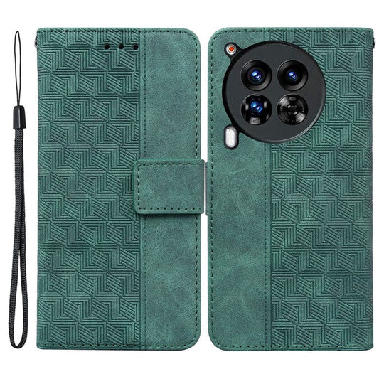 For TECNO Camon 30 Premier 5G Wallet Case Geometry Imprint Leather Phone Cover with Strap - Green