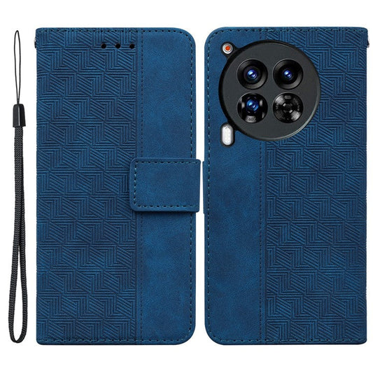 For TECNO Camon 30 Premier 5G Wallet Case Geometry Imprint Leather Phone Cover with Strap - Blue