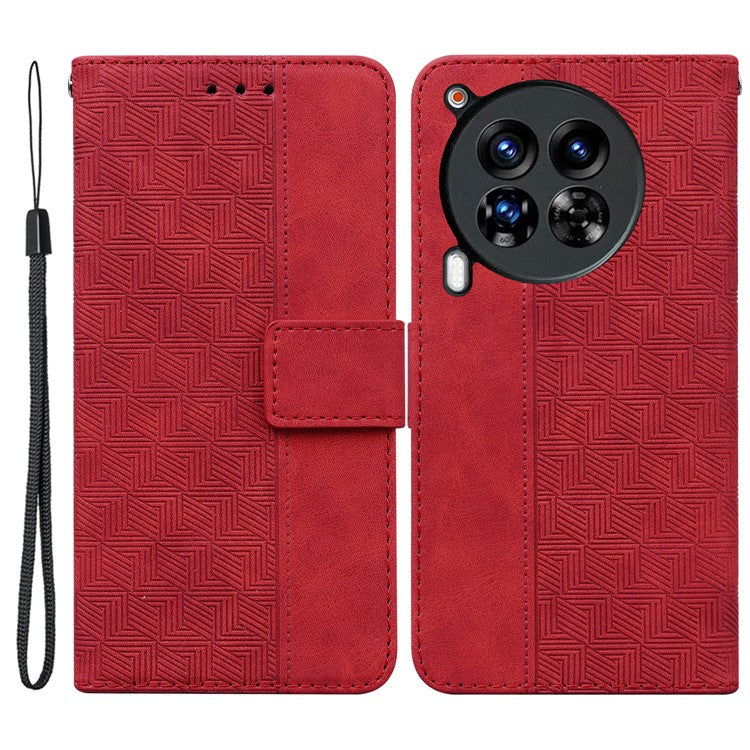 For TECNO Camon 30 Premier 5G Wallet Case Geometry Imprint Leather Phone Cover with Strap - Red