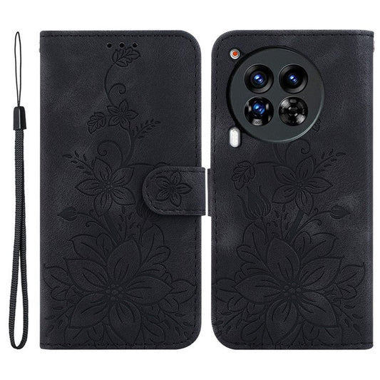 For TECNO Camon 30 Premier 5G Wallet Case Lily Imprint Anti-Drop Leather Phone Cover - Black