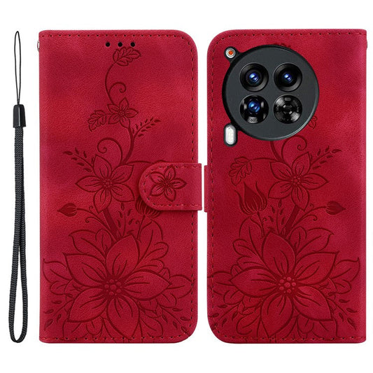 For TECNO Camon 30 Premier 5G Wallet Case Lily Imprint Anti-Drop Leather Phone Cover - Red