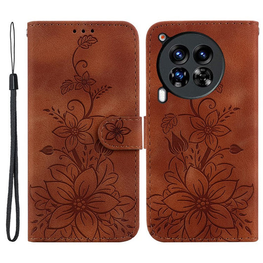 For TECNO Camon 30 Premier 5G Wallet Case Lily Imprint Anti-Drop Leather Phone Cover - Brown