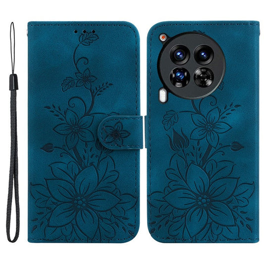 For TECNO Camon 30 Premier 5G Wallet Case Lily Imprint Anti-Drop Leather Phone Cover - Dark Blue