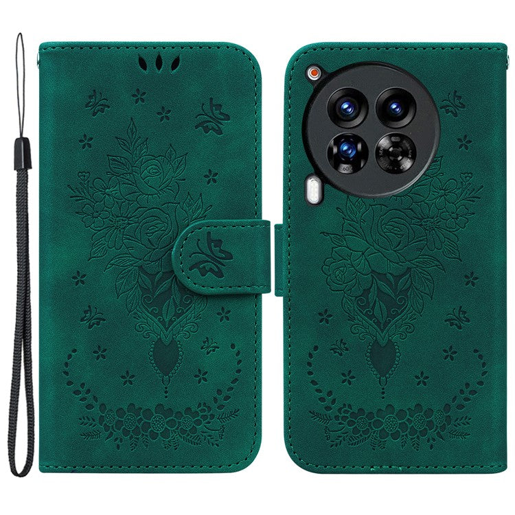 For TECNO Camon 30 Premier 5G Stand Case Butterfly Rose Imprint Leather Wallet Phone Cover - Green