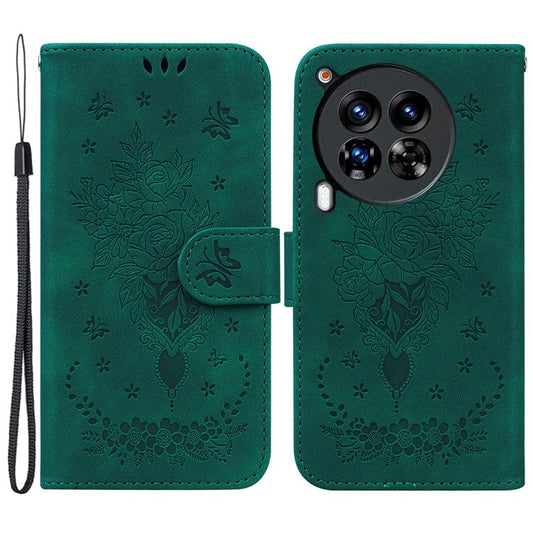 For TECNO Camon 30 Premier 5G Stand Case Butterfly Rose Imprint Leather Wallet Phone Cover - Green