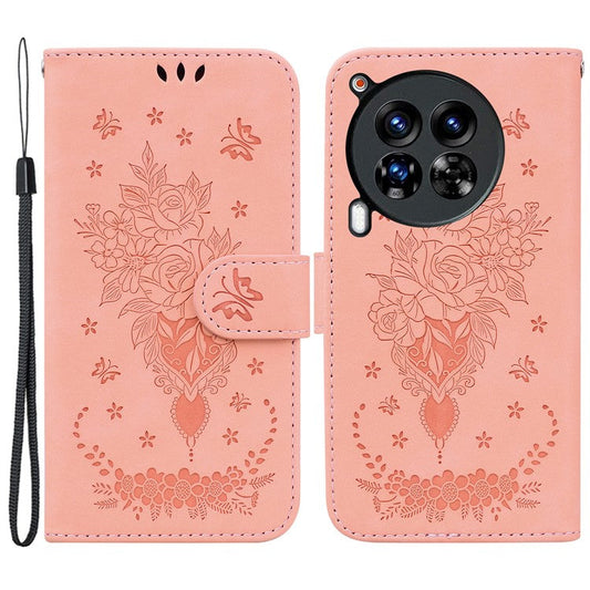 For TECNO Camon 30 Premier 5G Stand Case Butterfly Rose Imprint Leather Wallet Phone Cover - Pink