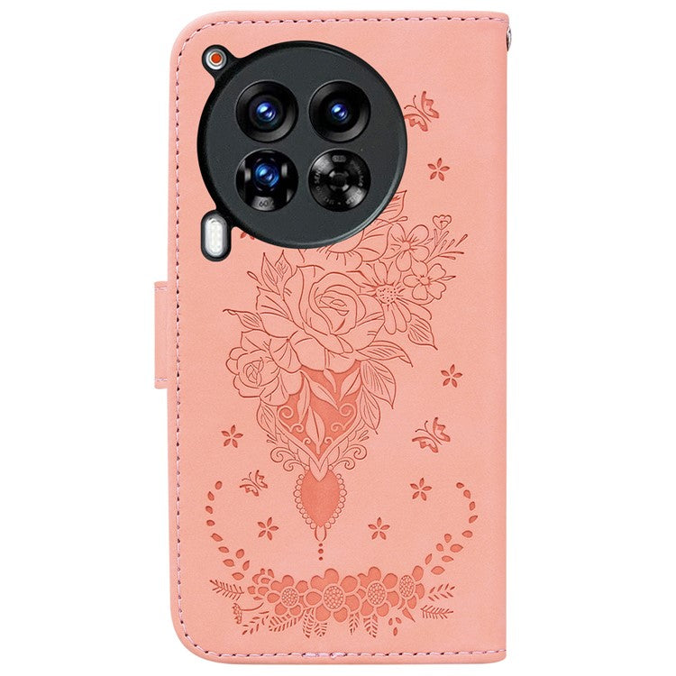 For TECNO Camon 30 Premier 5G Stand Case Butterfly Rose Imprint Leather Wallet Phone Cover - Pink