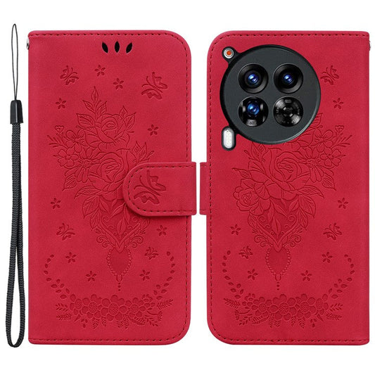 For TECNO Camon 30 Premier 5G Stand Case Butterfly Rose Imprint Leather Wallet Phone Cover - Red