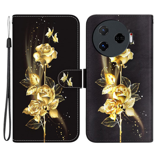 For TECNO Camon 30 Pro 5G Wallet Case Pattern Print Leather Stand Phone Cover - Gold Butterfly Rose