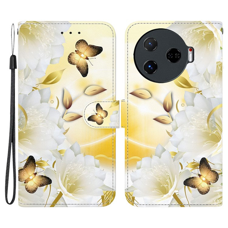 For TECNO Camon 30 Pro 5G Wallet Case Pattern Print Leather Stand Phone Cover - Gold Butterfly Flower