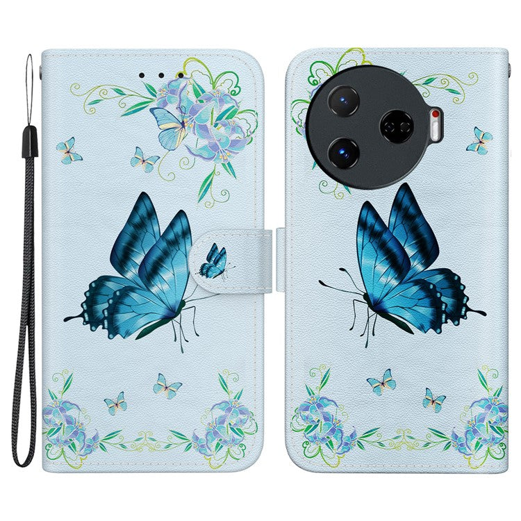 For TECNO Camon 30 Pro 5G Wallet Case Pattern Print Leather Stand Phone Cover - Blue Butterfly Flower