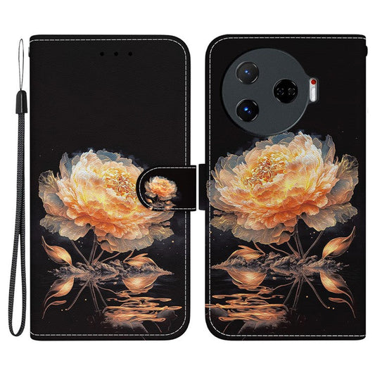 For TECNO Camon 30 Pro 5G Wallet Case Pattern Print Leather Stand Phone Cover - Gold Peony