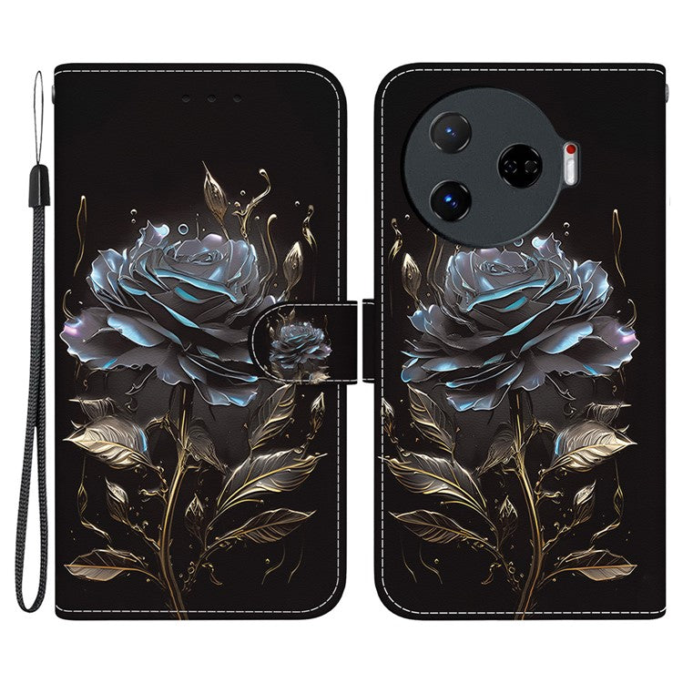 For TECNO Camon 30 Pro 5G Wallet Case Pattern Print Leather Stand Phone Cover - Black Rose