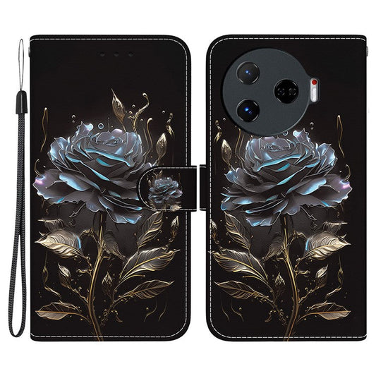 For TECNO Camon 30 Pro 5G Wallet Case Pattern Print Leather Stand Phone Cover - Black Rose
