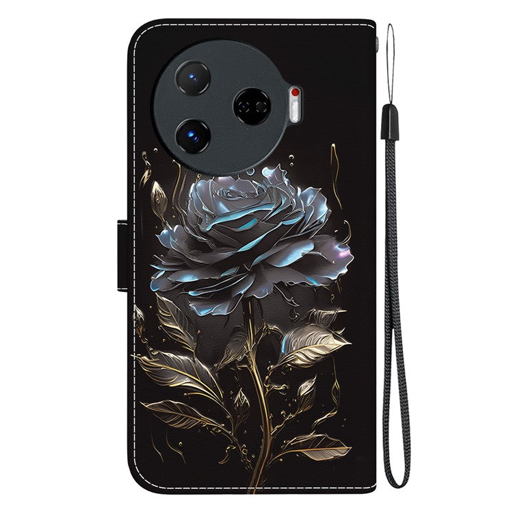 For TECNO Camon 30 Pro 5G Wallet Case Pattern Print Leather Stand Phone Cover - Black Rose