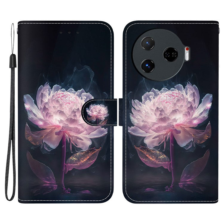 For TECNO Camon 30 Pro 5G Wallet Case Pattern Print Leather Stand Phone Cover - Purple Peony