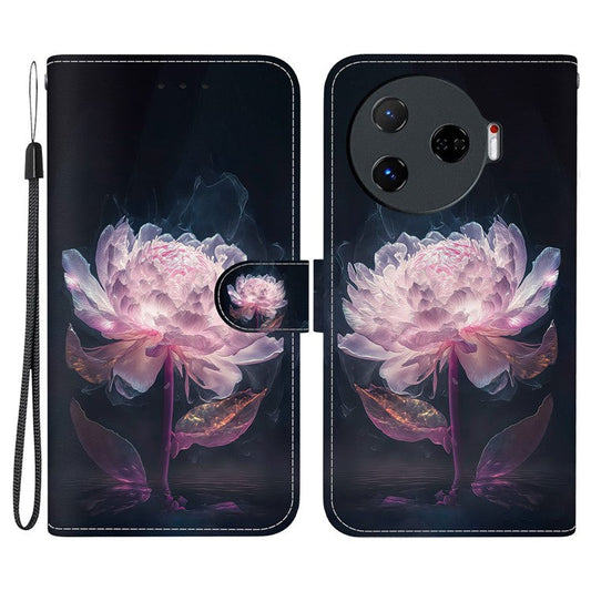 For TECNO Camon 30 Pro 5G Wallet Case Pattern Print Leather Stand Phone Cover - Purple Peony