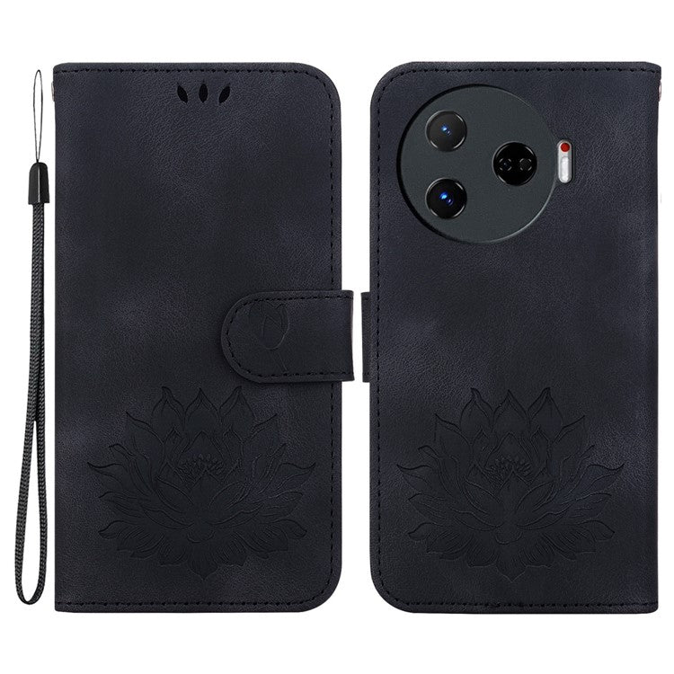 For TECNO Camon 30 Pro 5G Wallet Case Lotus Imprint Leather Phone Cover - Black
